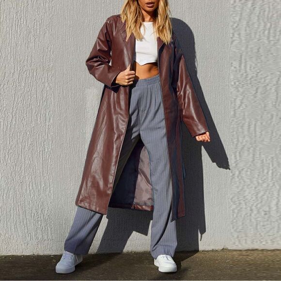 NWT Brown vegan leather trench coat jacket - Picture 3 of 11
